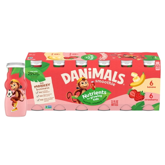 Danimals Smoothie Strawberry and Banana Split Low Fat Dairy Drink Smoothie Bottles, Multi-Pack, 3.1 fl oz, 12 Count