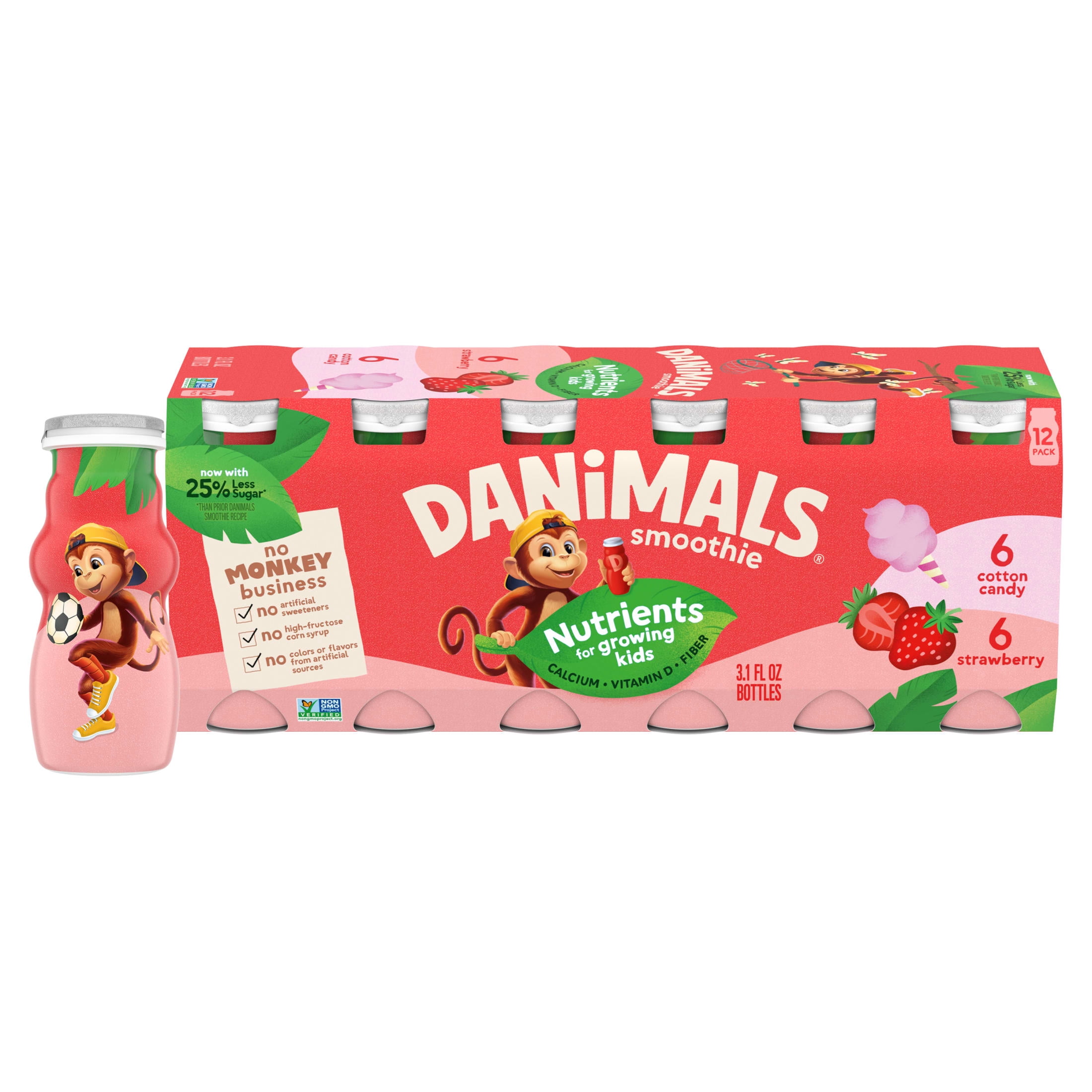 Danimals Smoothie Strawberry and Cotton Candy Low Fat Dairy Drink Smoothie Bottles Multi-Pack, 3.1 fl oz, 12 Count​