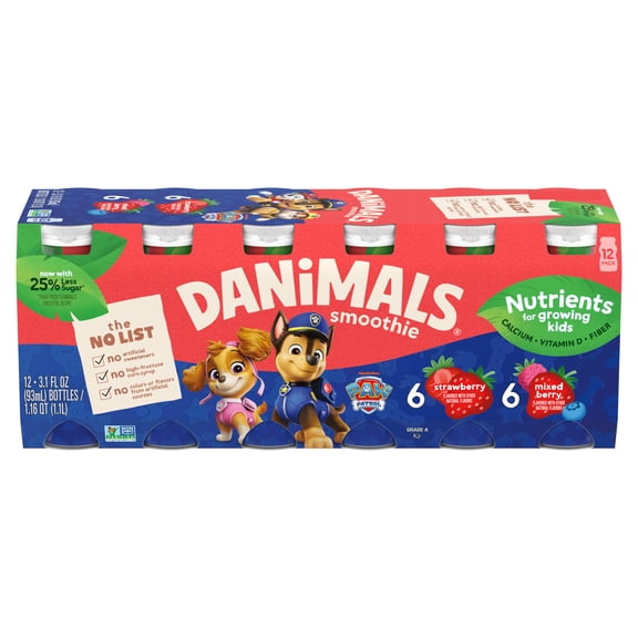 Danimals Smoothie Strawberry and Mixed Berry Low Fat Dairy Drink Smoothie Bottles Multi-Pack, 3.1 fl oz, 12 Count