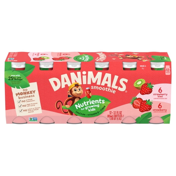 Danimals Smoothie Strawberry and Strawberry Kiwi Low Fat Dairy Drink Smoothie Bottles Multi-Pack, 3.1 fl oz, 6 Count