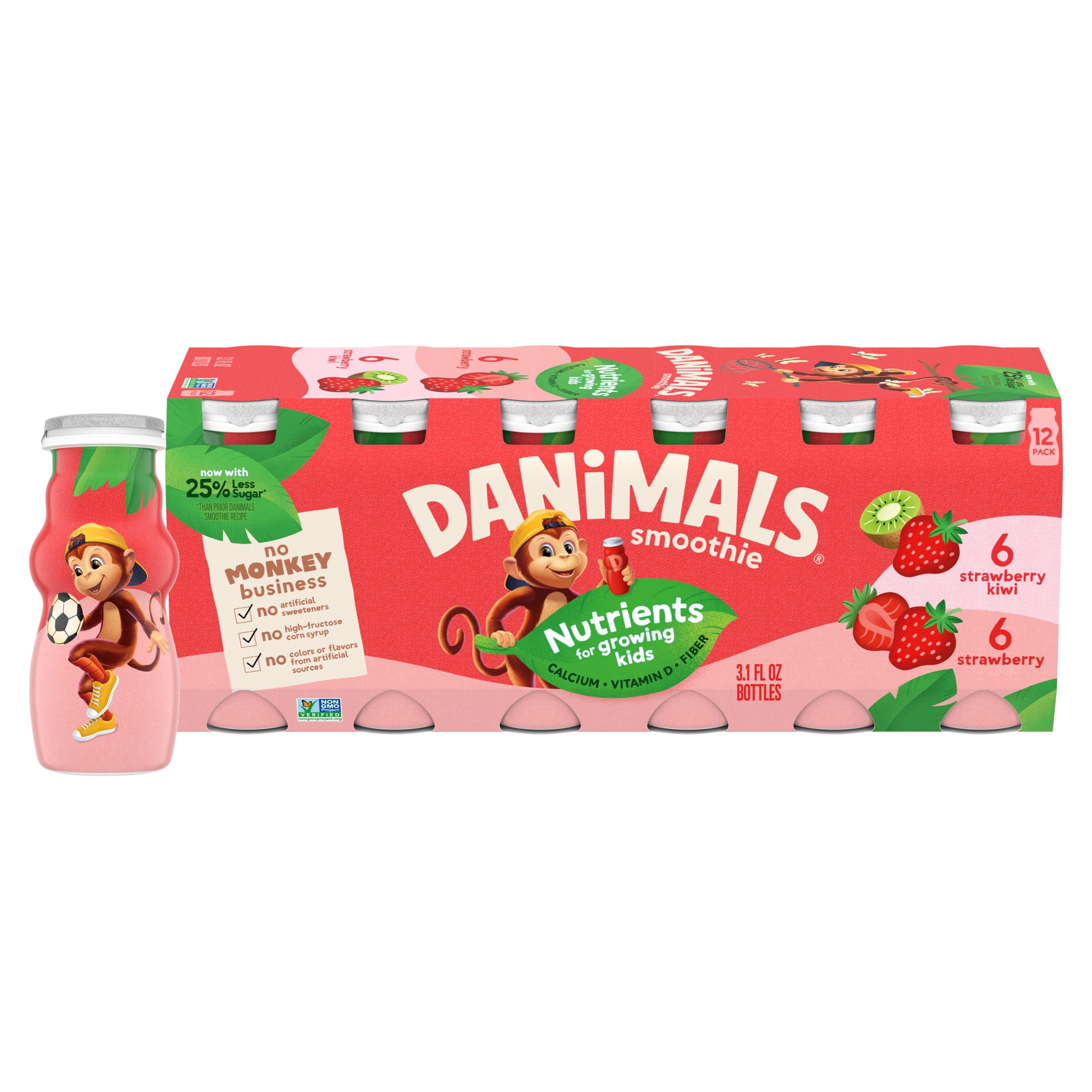 Danimals Smoothie Strawberry and Strawberry Kiwi Low Fat Dairy Drink Smoothie Bottles Multi-Pack, 3.1 fl oz, 6 Count​