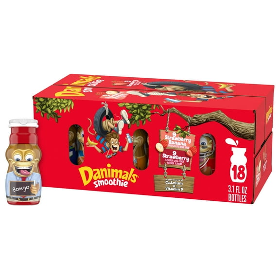 Danimals Smoothie Strawberry and Strawberry Banana Dairy Drink Smoothie Bottles Multi-Pack, 3.1 oz, 18 Count