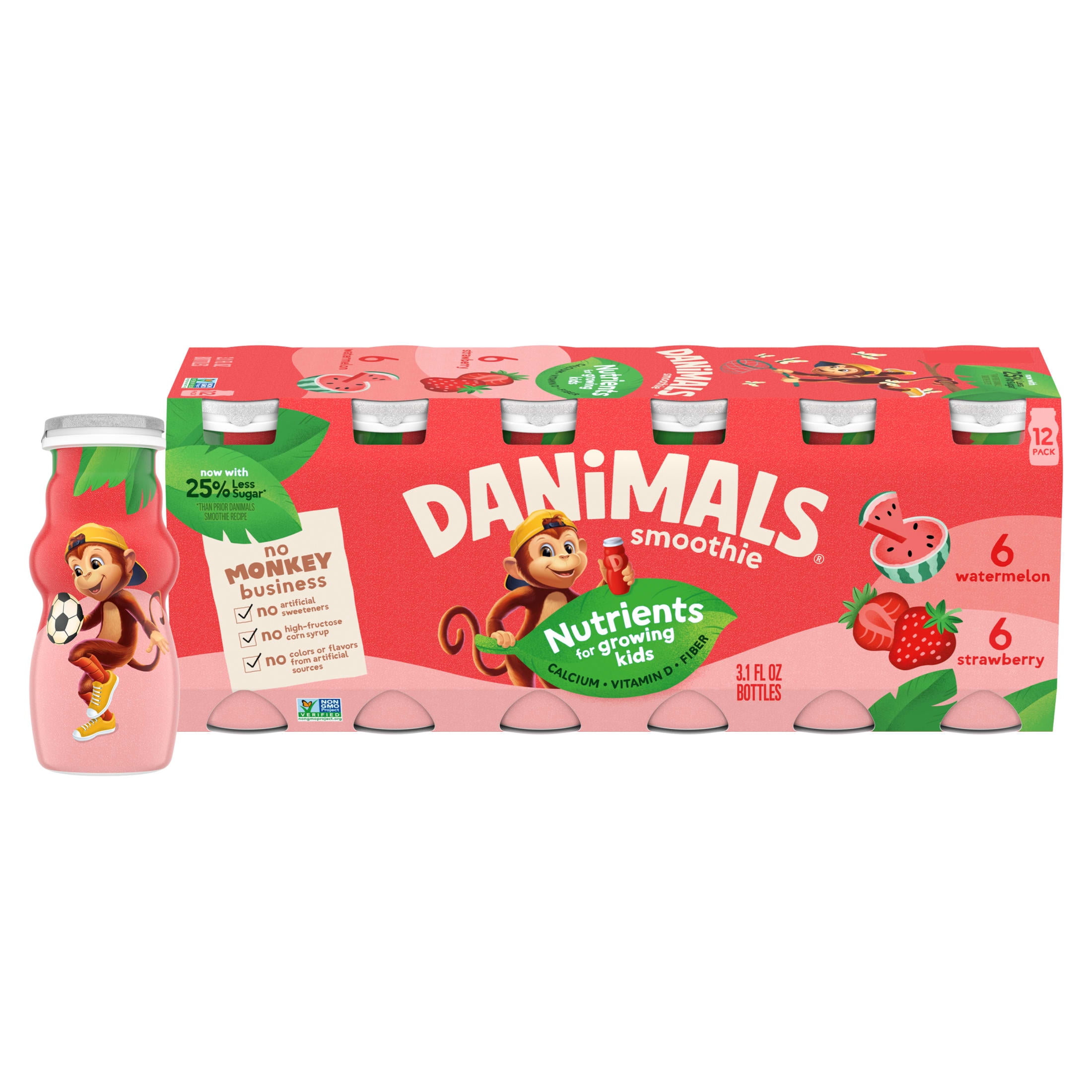 Danimals Smoothie Strawberry and Watermelon Low Fat Dairy Drink Smoothie Bottles Multi-Pack, 3.1 fl oz, 12 Count​