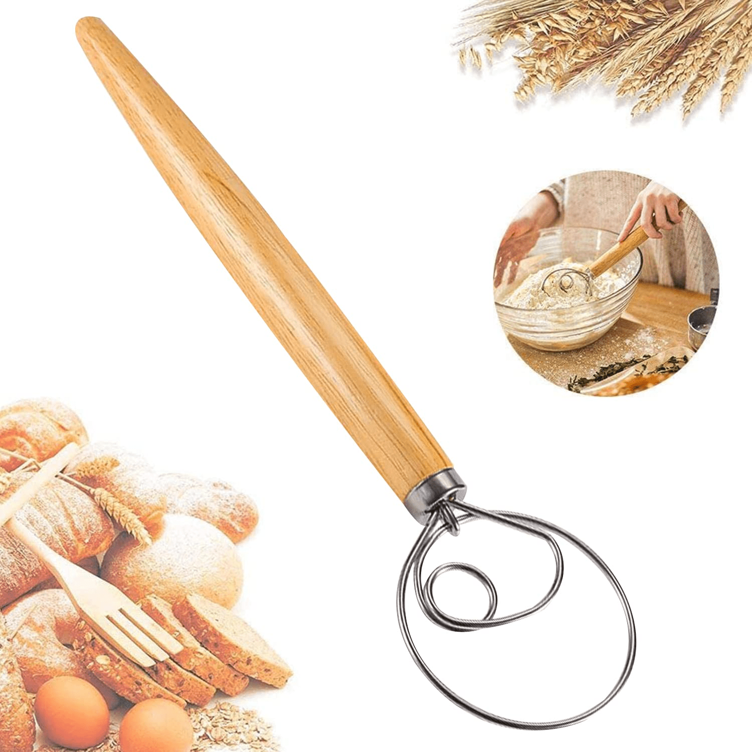 Danish Dough Whisk Bread Mixer, Abnaok 13” Stainless Steel & Wooden Danish Whisk - Dutch Style Artisan Blender For Bread, Batter, Cake, Pastry, and More