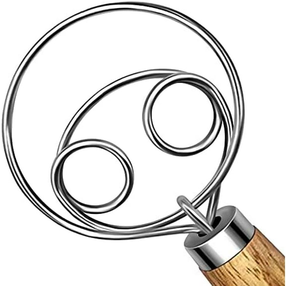 Danish Dough Whisk Stainless Steel Dough Hook Dutch Whisk for Sourdough Bread Dough Mixer Hand Wooden Handle Kitchen Whisking Mixing Tool Bread Making Tools and Supplies