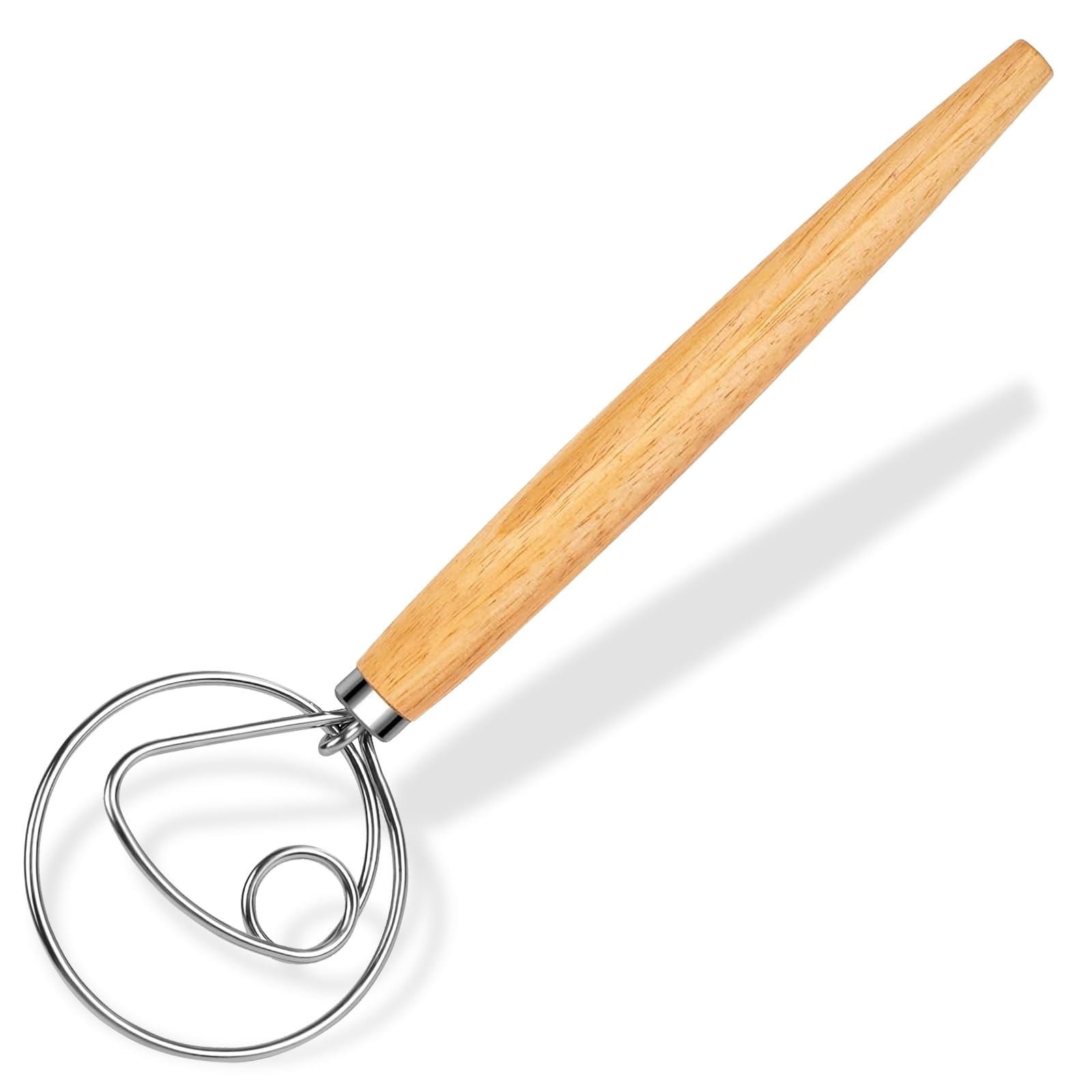 Danish Dough Whisk Wooden Bread Whisk with Stainless Steel Dough Hook