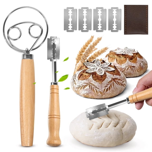 Gimgong Danish Dough Whisk & Bread Lame Set for Sourdough Bread – Wooden Handle Dough Whisk Mixer and Bread Scoring Tool, Artisan Sourdough Baking Tools & Bread Baking Supplies