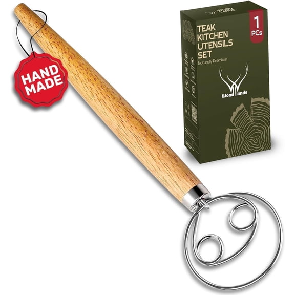Danish Dough Whisk for sourdough 13 Inch - 304 Stainless Hook with Long Wooden Handle - Essential bread whisk, artisan mixing & bread making