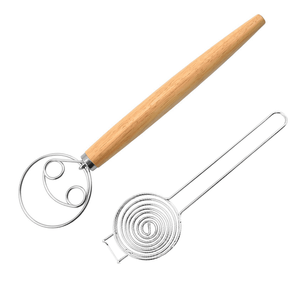 Danish Dough Whisk Dutch Style Stainless Steel Large Wooden Hand Dough