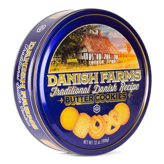 Danish Farms Traditional Butter Cookies, 32-Oz. Blue Cookie Tin, Traditional Danish Recipe Butter Cookies for Dessert or Snack, Large Gift Tin