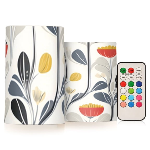 Danish Flower Design Flickering Flameless Candles Battery Operated with Remote Timer LED Pillar Candles Set of 2