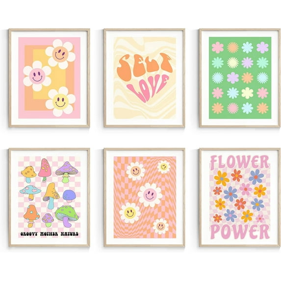 Danish Pastel 70s Wall Decor for Girls Dorm, Retro Floral Wall Art Prints, Pink Cute Posters for Cute Room Decor Aesthetic Unframed, 8x10in, Set of 6