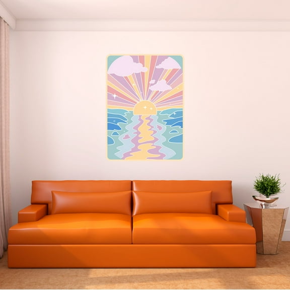 Danish Pastel Wall Decal Aesthetic Pastel Ocean Sunset with Beautiful Sun Rays Bedroom Wall Decal for Girls Cute Themed Room Décor - Size: 7 In x 10 In
