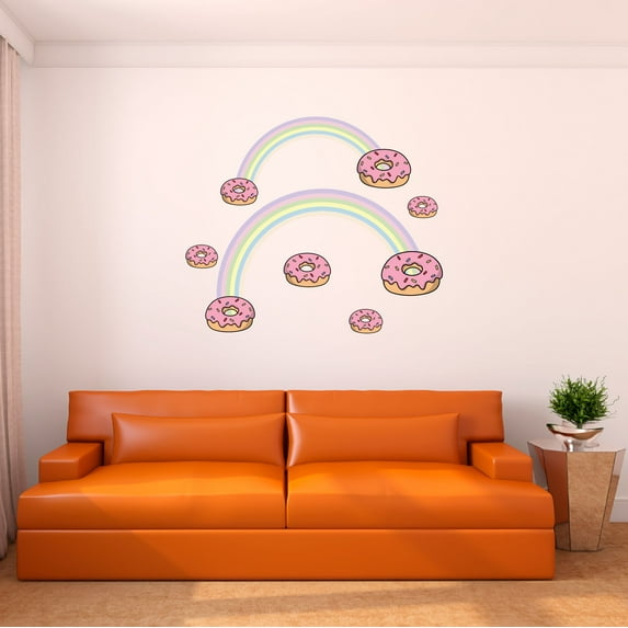 Danish Pastel Wall Decal Cute Pastel Rainbow Over Donuts with Rainbow Sprinkles Bedroom Wall Decal for Girls Cute Themed Room Décor - Size: 10 In x 8 In