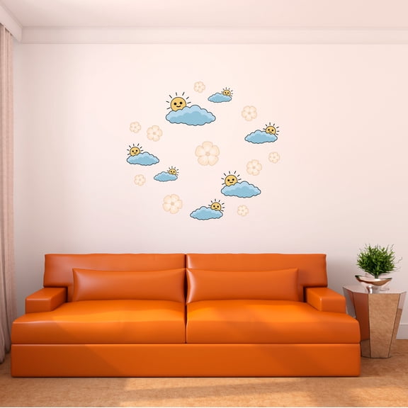 Danish Pastel Wall Decal Pastel Colour Smiling Sun and Clouds with lovely Flowers Bedroom Wall Decal for Girls Cute Themed Room Décor - Size: 10 In x 9 In