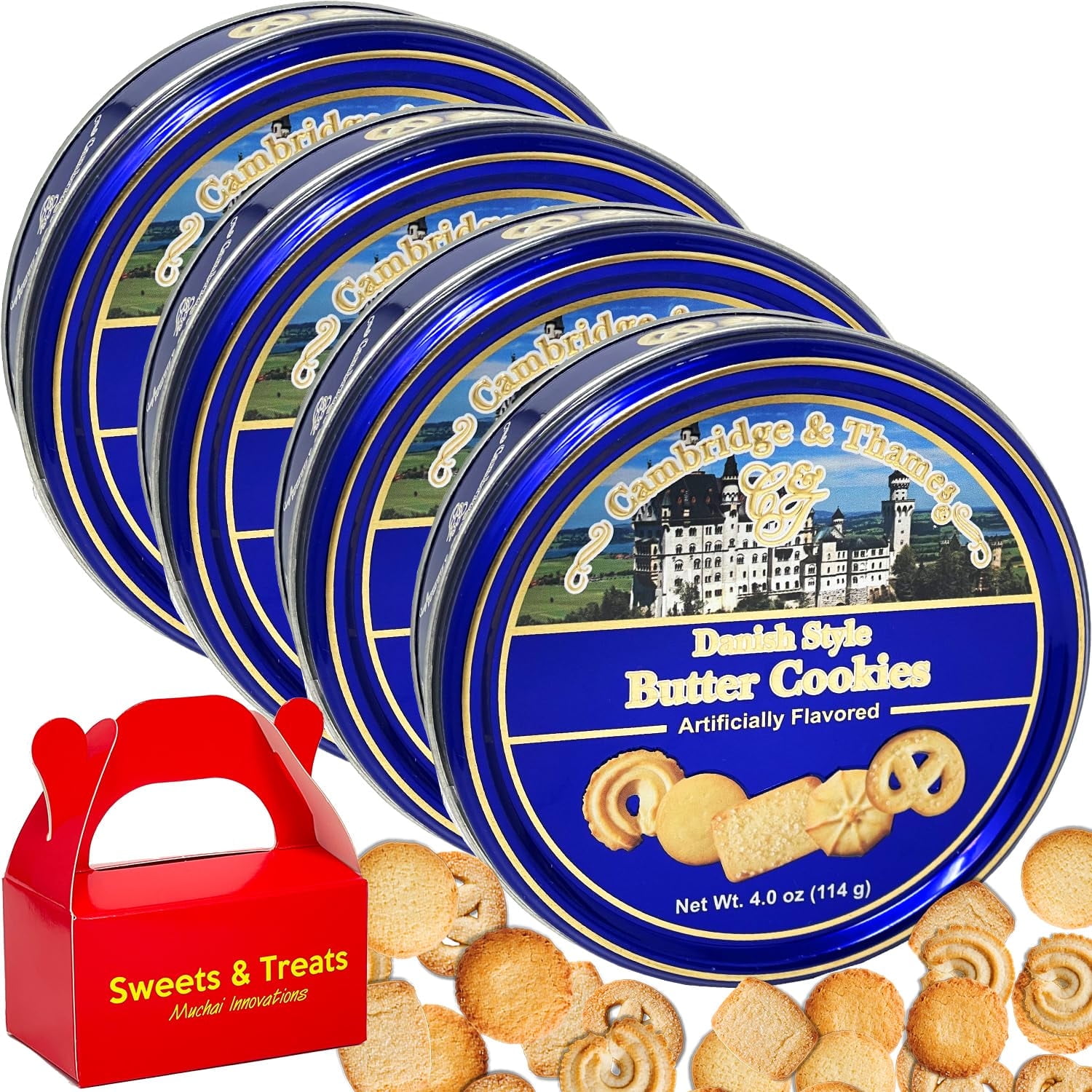 Danish Style Butter Cookies 4 Tins (4.0 Oz Each) Different Shapes