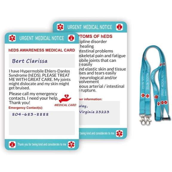 RAYCCI 2Pcs Danlos Syndrome hEDS Medical Information Card with Writable Panel and Patterned Lanyard Emergency Contact Card, Standard
