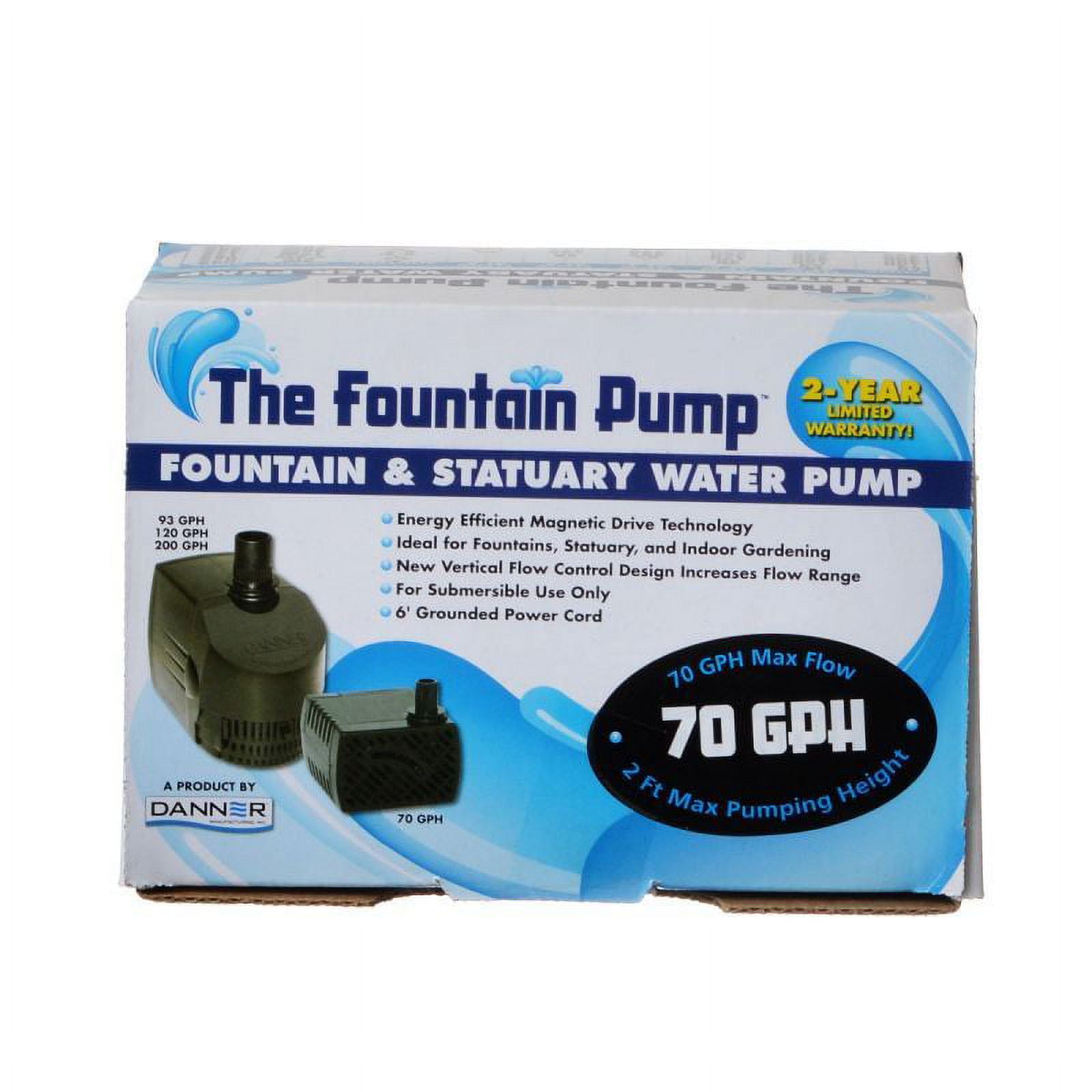 Danner Fountain Pump Drive Submersible Pump SP70 (70 GPH) with 6' Cord (2 Pack