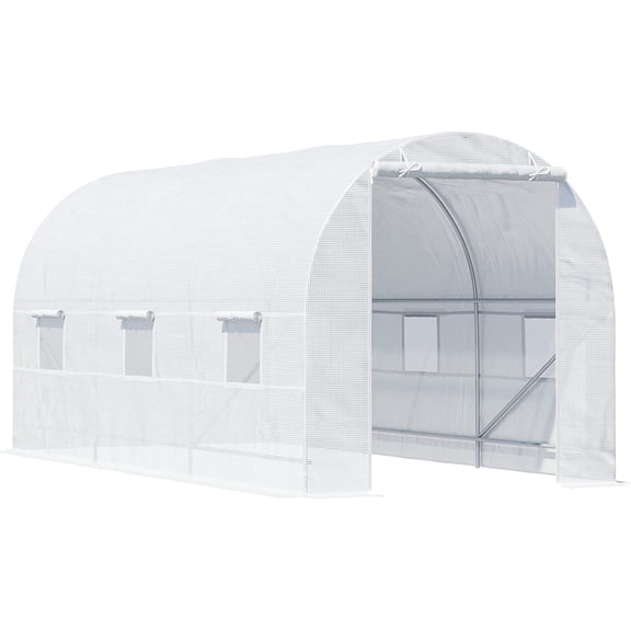 Danniu 15' x 7' x 7' Walk-in Tunnel Greenhouse, Large Garden Hot House Kit with 6 Roll-up Windows & Roll Up Door, Steel Frame, White