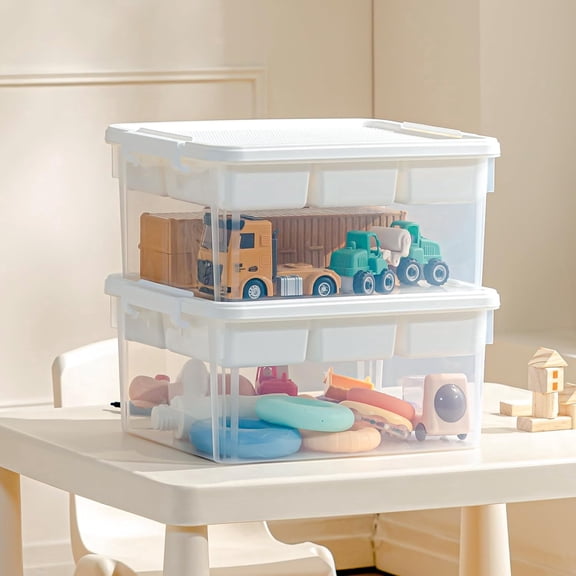 17 QT Storage Box with Building Baseplate Lid & Removable Tray, Multi-Purpose Organizer for Home, Office, Crafts, Tools, Sewing Supplies & Toy Storage, 2 Pack