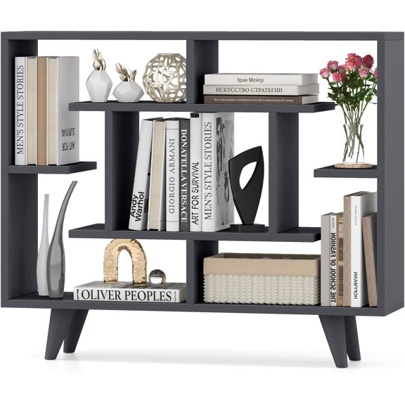 Danniu 3 Tier Geometric Bookshelf, Modern Freestanding Bookcase w/Staggered Shelves, Decorative Open Storage Display Shelves with Legs, Mid Century Storage Organizer for Living Room (Dark Gray)