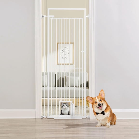 78" Extra High Pet Gate with Cat Door, 29.3"-32" Adjustable Width Pressure Mount Dog Gate for House, White