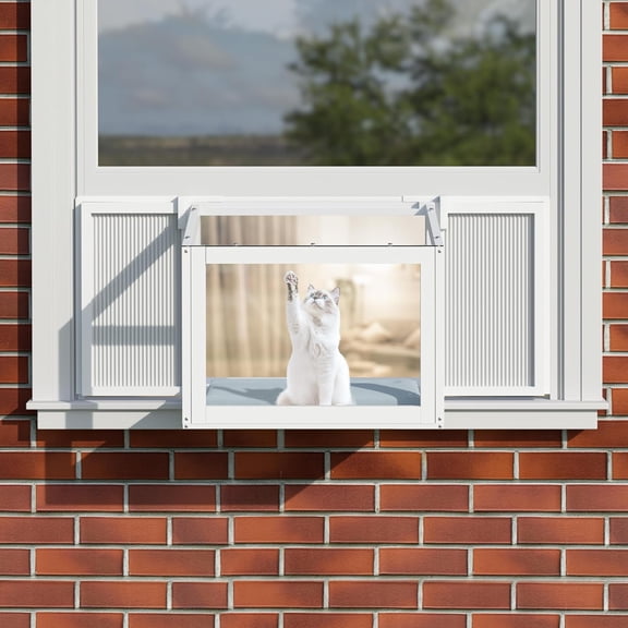 Danniu Cat Window Box, Catio Outdoor Cat Enclosure Perch, Fits Double Hung Frames 26" to 42" Wide, All-Weather Use Wooden Window Kitty House, for Napping, Sunbathing & Nature Viewing, White