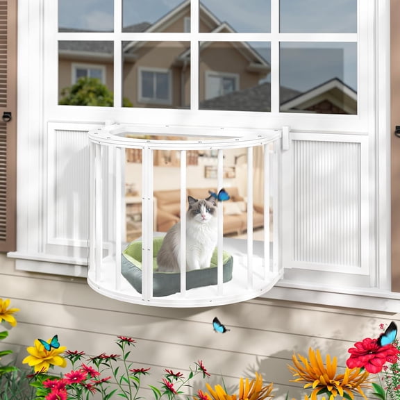 Danniu Cat Window Box, Semicircular Adjustable Window Catio, Wooden Cat Window Perch Fits Vertical Window Frames 26" to 42" Wide, Sunbathing, Napping & Overlooking, White
