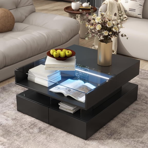 Danniu Coffee Table, High-Gloss Finish Lift-Top Coffee Table with 2 Drawers and Hidden Space, Modern Center Table with Glass Tabletop & LED Lights for Living Room (Black)