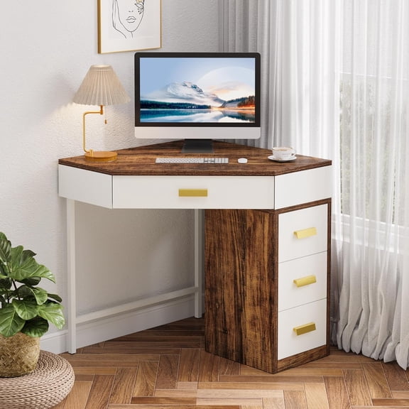 Danniu Corner Desk, Triangle Computer Desk with 3 Drawers, 90-Degree Writing Desk PC Table Makeup Vanity Desk with Storage for Home Office, Living Room, Bedroom (Brown+White)