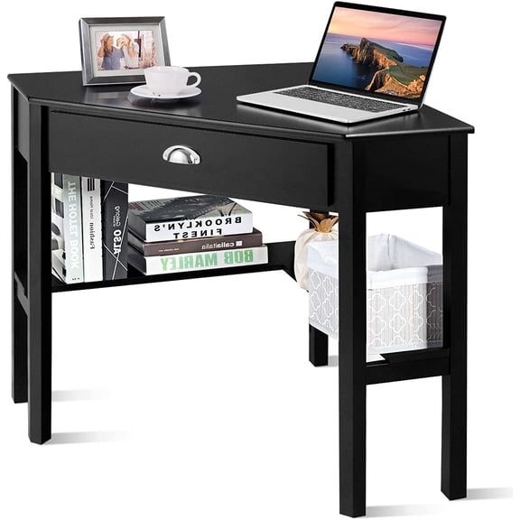 Danniu Corner Desk, Triangle Corner Computer Desk for Small Space, Compact Writing Desk with Storage Shelves & Drawer, Space Saving Small Makeup Vanity Desk for Bedroom, Home Office, Black