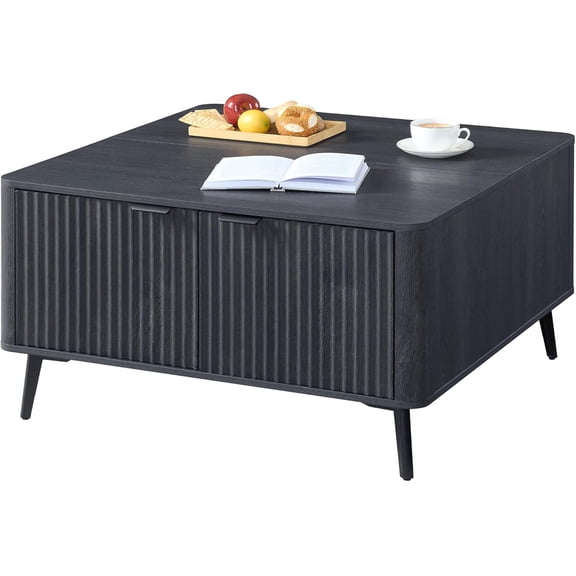 Danniu Large Lift Top Coffee Table with Hidden Compartment, 35.4" Wide Oversized Square Coffee Table with Storage, Mid Century Modern Fluted Center Table for Home Living Room, Black Grey