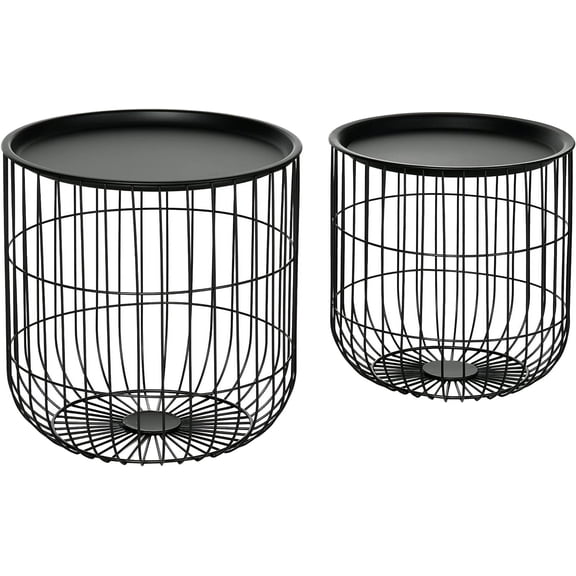 Danniu Nesting Coffee Tables, Round Coffee Table Set of 2 with Steel Wired Basket Body and Removable Top, Stacking End Tables Blanket Storage for Living Room, Black