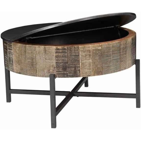 Danniu Round Storage Coffee Table, Mango Wood, Rustic Vintage Finish, Adjustable Top, Hidden Storage, Sturdy Iron Base, Modern Contemporary Living Room Table