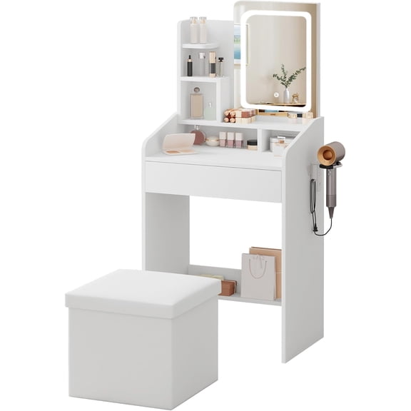 Danniu Small Vanity Set with Lighted Mirror & Power Station, 24" Modern White Makeup Desk with Storage Stool, HairDryer Rack, Smart LED 3-Color Lighting, Compact Dressing Vanity for Bedroom