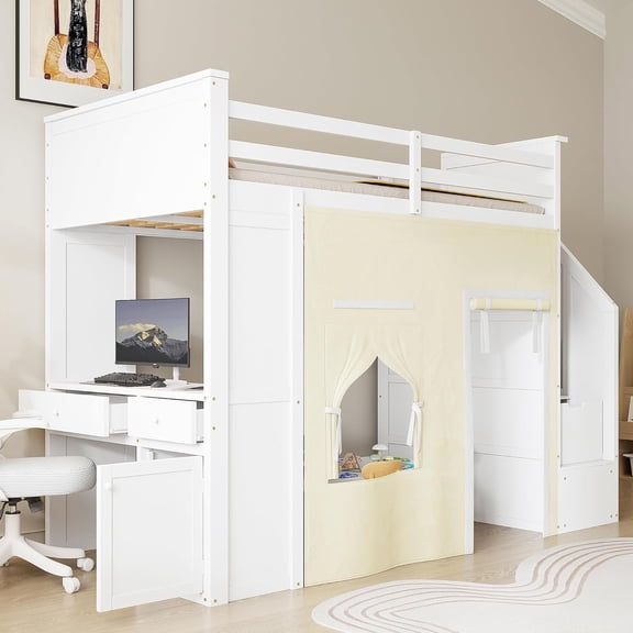 Danniu Twin Loft Bed with Desk and Storage Stairs, Loft Bed Frame with Drawers, Shelves, Curtain Playhouse, Solid Wood Twin Bed with Guardrails, No Box Spring Needed, White
