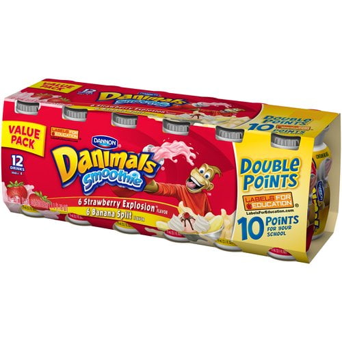 Dannon Danimals Smoothie Strawberry Explosion and Banana Split Yogurt Smoothie Drink, 3.1 Fl. Oz., 12 Count
