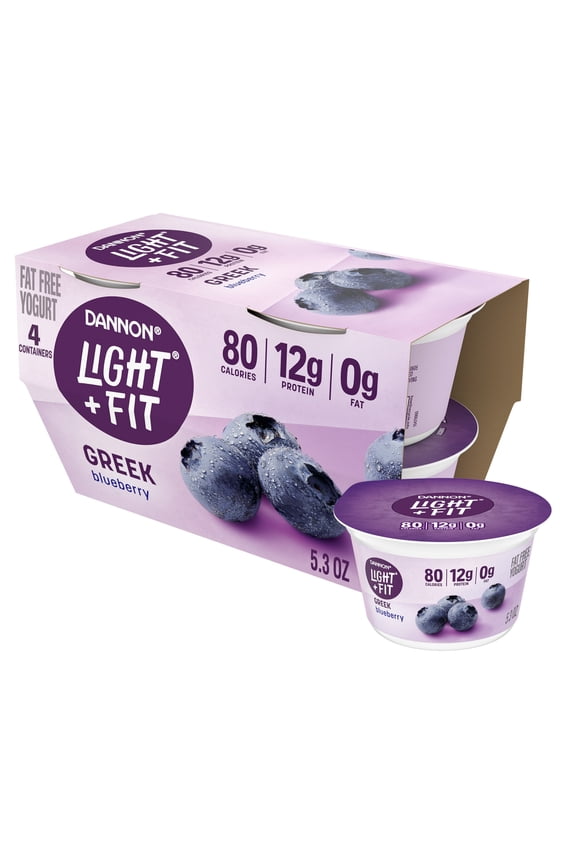 Dannon Light + Fit Blueberry Greek Fat FreeYogurt Cups, Convenient AnytimeSnacks, 5.3 oz, 4 Count
