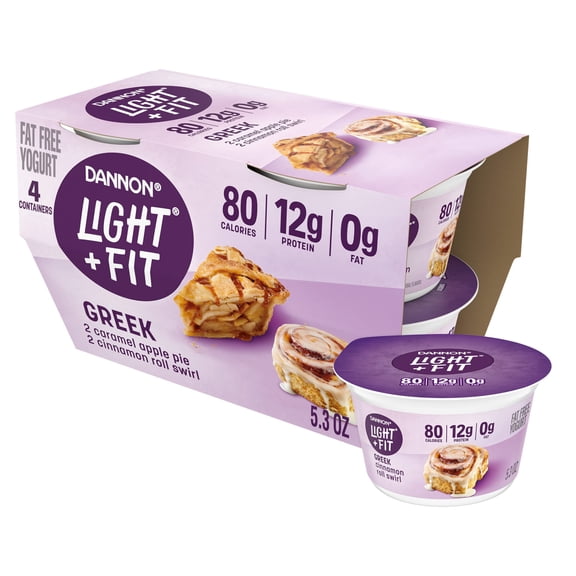 Dannon Light + Fit Caramel Apple Pie and Cinnamon Roll Swirl Greek Fat FreeYogurt Cups, Convenient AnytimeSnacks, 5.3 oz, 4 Count