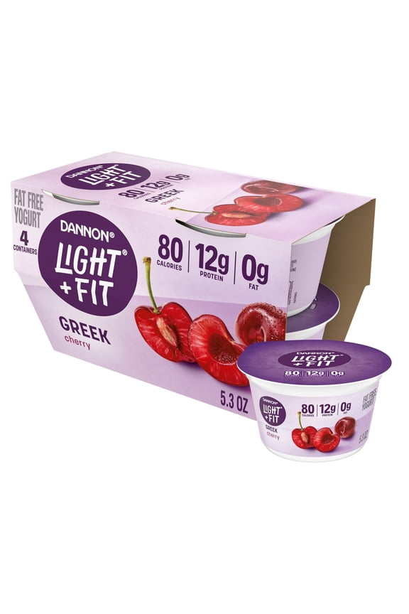 Dannon Light + Fit Cherry Greek Fat FreeYogurt Cups, Convenient AnytimeSnacks, 5.3 oz, 4 Count