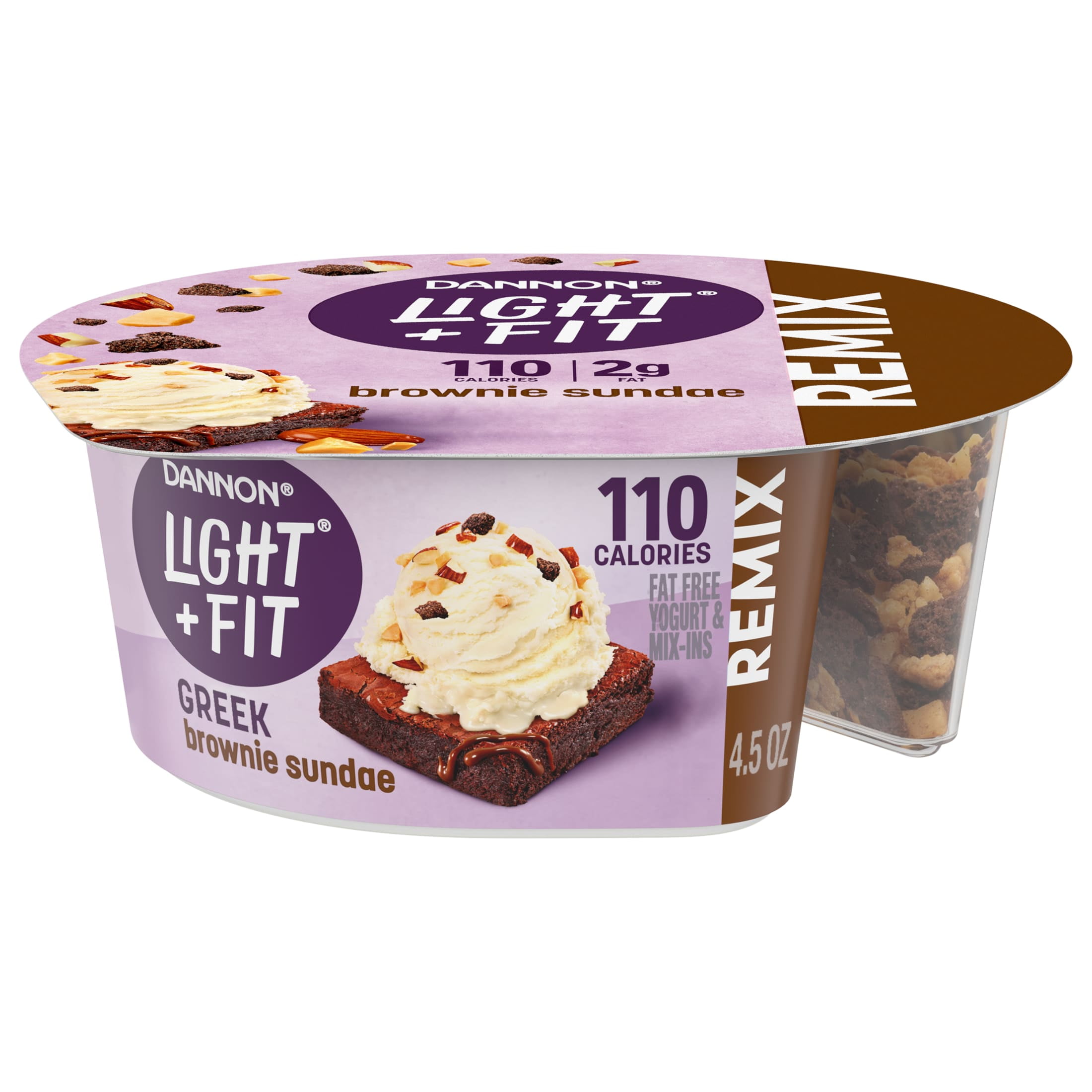 Dannon Light + Fit REMIX Brownie Sundae Vanilla Fat Free Greek Yogurt Cups with Brownie Crumbles, Honey Praline Almonds and Butter Toffee Mix-Ins, 4.5 OZ