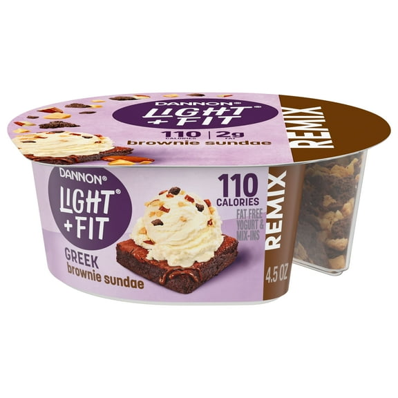 Light + Fit REMIX Brownie Sundae Vanilla Fat Free Greek Yogurt Cups with Brownie Crumbles, Honey Praline Almonds and Butter Toffee Mix-Ins, 4.5 OZ