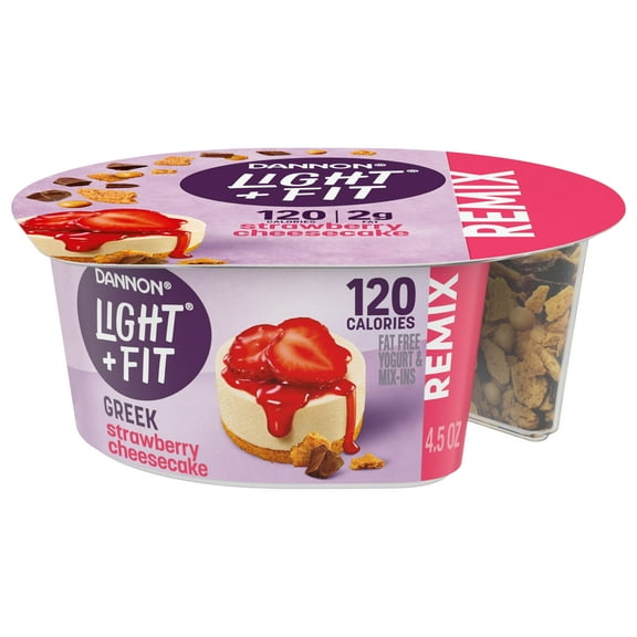 Light + Fit REMIX Strawberry Cheesecake Nonfat Greek Yogurt with Graham Cookies, Caramel Pearls and Dark Chocolate Mix-Ins Yogurt Cups, 4.5 OZ
