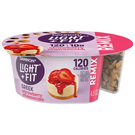 Light + Fit REMIX Strawberry Cheesecake Nonfat Greek Yogurt with Graham Cookies, Caramel Pearls and Dark Chocolate Mix-Ins Yogurt Cups, 4.5 OZ