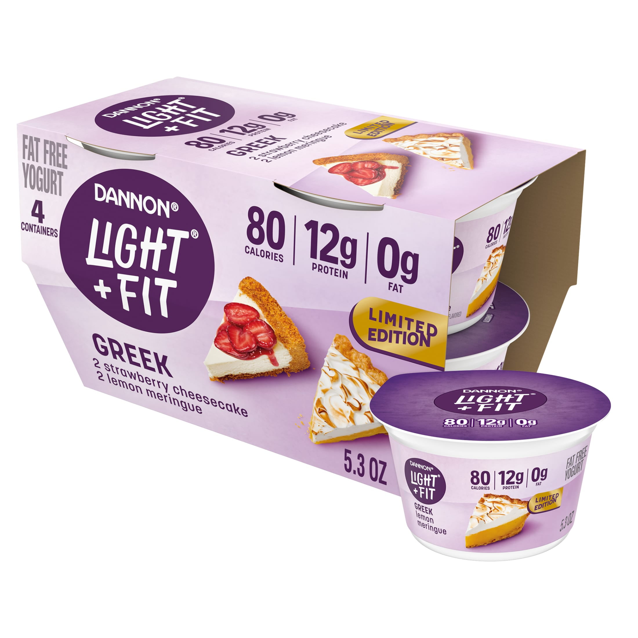 Dannon Light + Fit Strawberry Cheesecake and Lemon Meringue Flavored Greek Fat Free Yogurt Pack, 5.3 oz, 4 Count