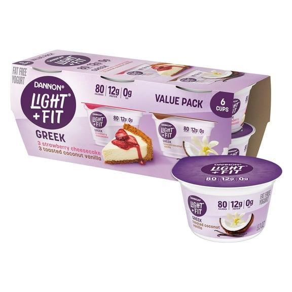 Light + Fit Strawberry Cheesecake and Toasted Coconut Vanilla Flavored Greek Fat Free Yogurt Pack, 5.3 oz, 6 Count