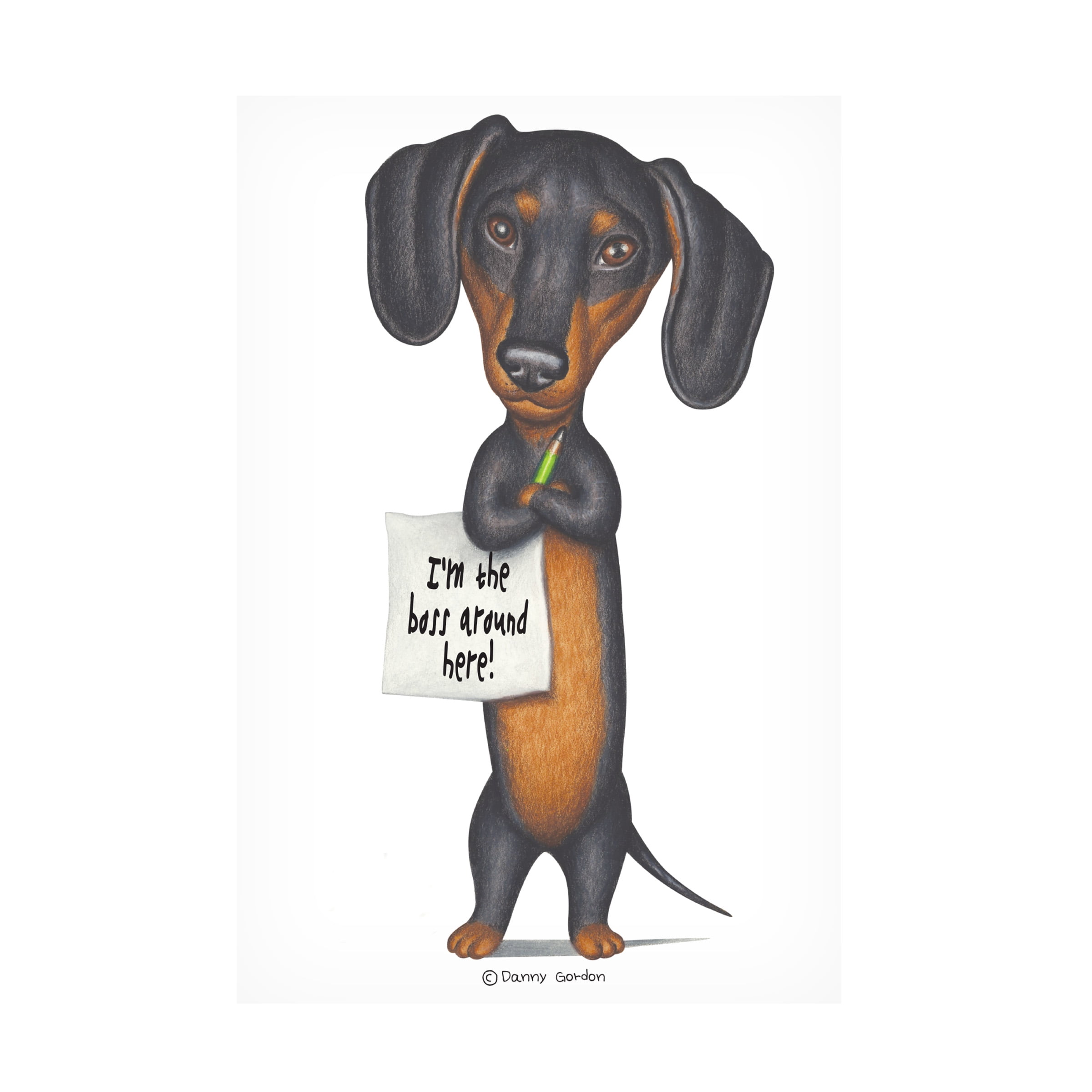 Danny Gordon Art 'Black Dachshund Holding Green Pencil' Canvas Art