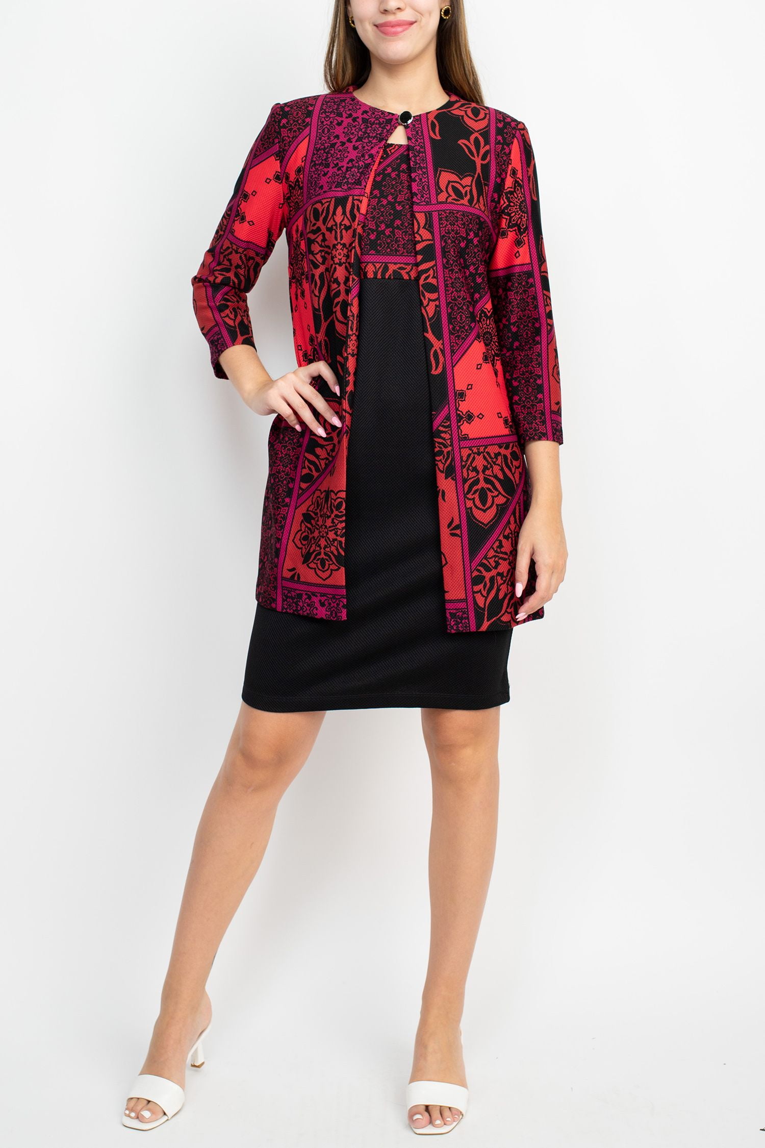 Danny Nicole Scoop Neck Sleeveless Zipper Back Bodycon Multi Print Crepe Dress with Matching Jacket BLACK MAGENTA 16 Walmart