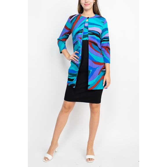 Danny & Nicole Scoop Neck Sleeveless Zipper Back Multi Print Dress with Matching Jacket-BLACK TEAL / 18