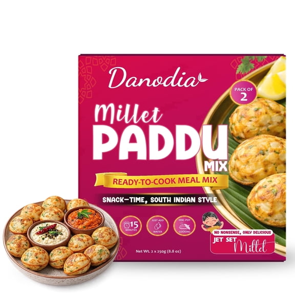 Danodia Foods Millet Paddu Mix, Instant South Indian Breakfast & Snack Batter, Ready to Cook Paddu/Paniyaram Mini Savory Pancake Bites, Just Add Water, 250g (8.82 oz) Each, Pack of 2